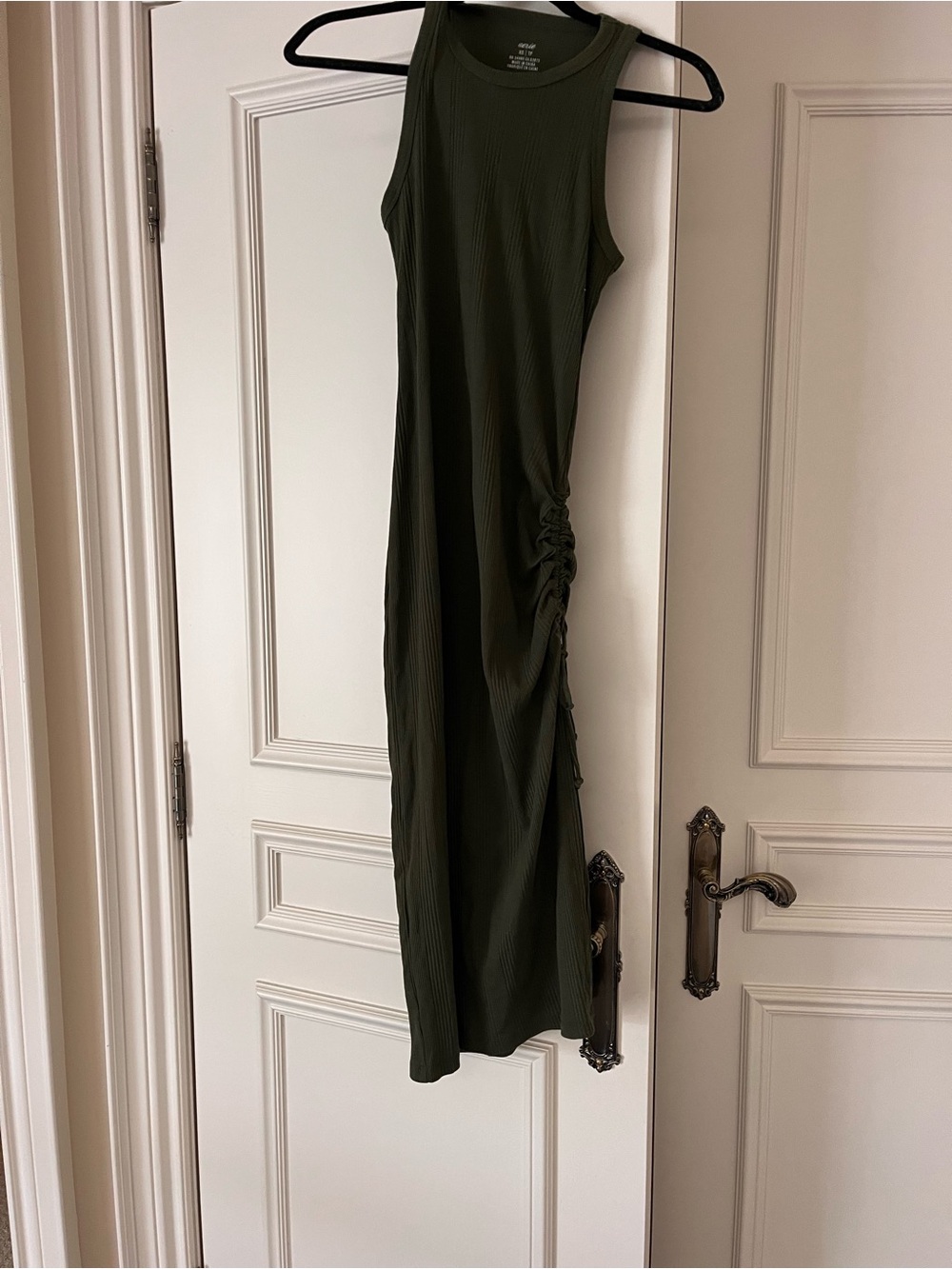 aerie Olive Green Sleeveless Ribbed Maxi Dress with Side Ruched